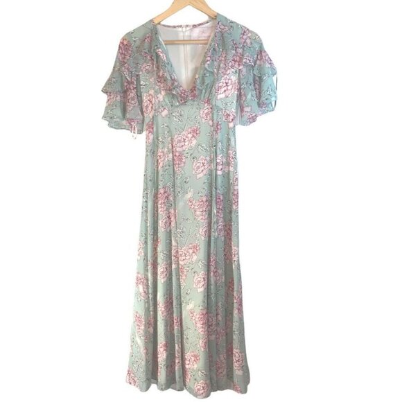 Gal Meets Glam Dresses & Skirts - Gal Meets Glam Shelby Green Pink Flower Ruffled Spring Maxi Dress Size XXS